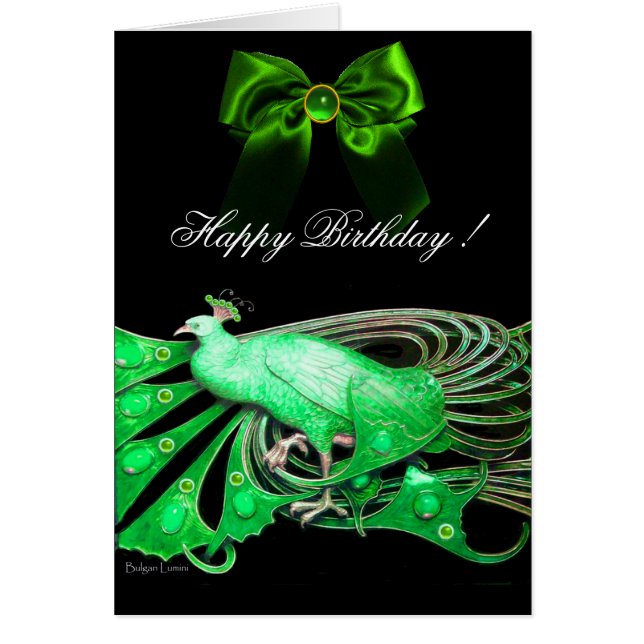 ELEGANT GREEN PEACOCK,GEM STONES AND BOW Birthday Cards (Front)