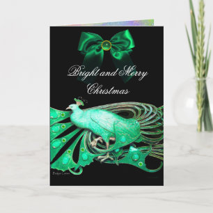 ELEGANT GREEN PEACOCK,GEM STONES AND CHRISTMAS BOW HOLIDAY CARD