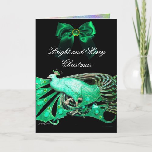 ELEGANT GREEN PEACOCKGEM STONES AND CHRISTMAS BOW HOLIDAY CARD