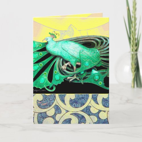 ELEGANT GREEN PEACOCK WITH GEOMETRIC SWIRLS HOLIDAY CARD