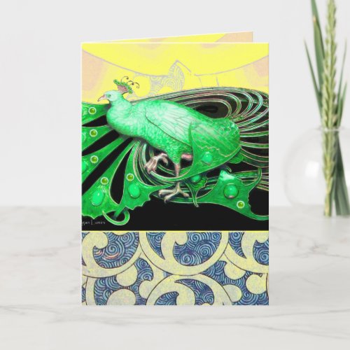 ELEGANT GREEN PEACOCK WITH GEOMETRIC SWIRLS HOLIDAY CARD