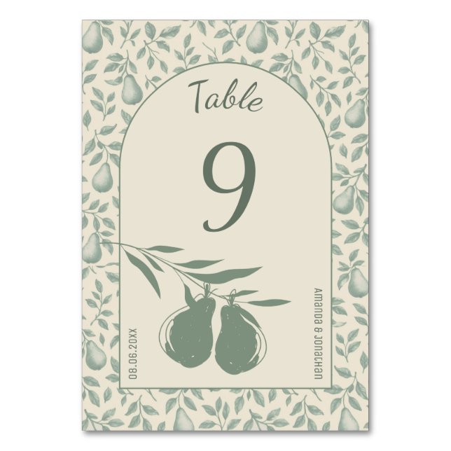 Elegant Green Pear Wedding Table Number (Front)