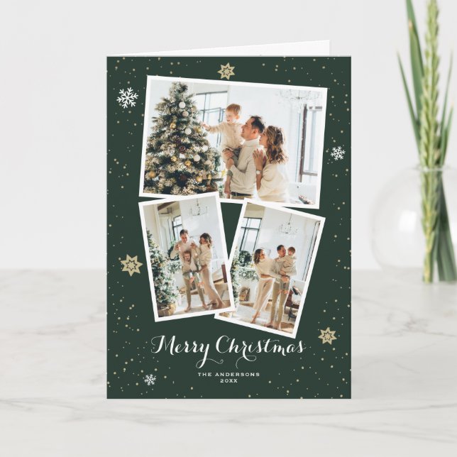 Elegant Green Photo Collage Merry Christmas Card (Front)