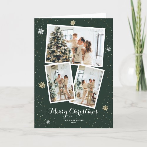 Elegant Green Photo Collage Merry Christmas Card