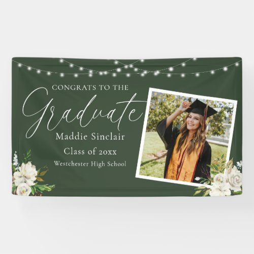 Elegant Green Photo Floral Graduation Banner