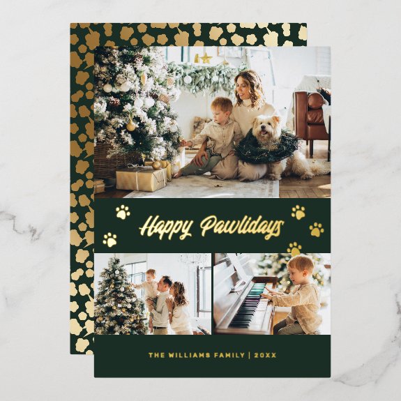 Elegant Green Photo Happy Pawlidays Gold Christmas Card