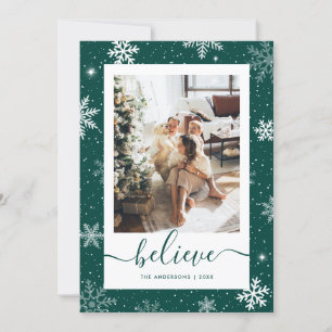 Elegant Green Photo Snowflake Believe Holiday Card