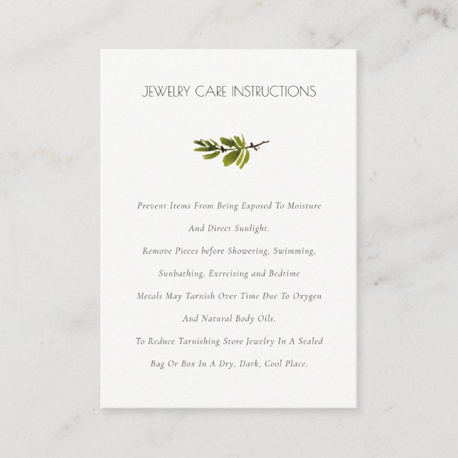 Elegant Green Pine Branch Foliage Jewelry Care Business Card (Front)
