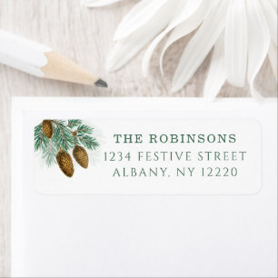 Elegant green pine branches with pinecones label