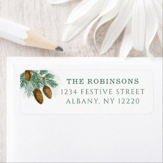Elegant green pine branches with  pinecones label