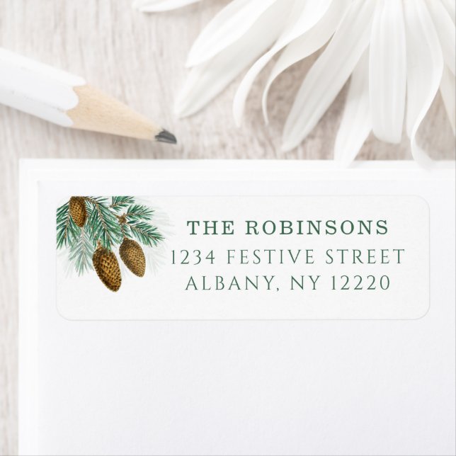 Elegant green pine branches with  pinecones label (Insitu)