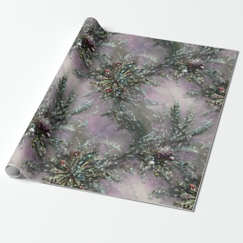 Elegant Green Pine Cone Bough Christmas Pearl Snow Wrapping Paper