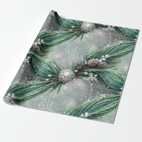 Elegant Green Pine Cone Christmas Pearl Jewel Snow Wrapping Paper