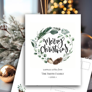 Elegant Green Pine Cone Foliage Wreath Watercolor Postcard