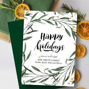 Elegant Green Pine Foliage Gold Confetti Greenery Holiday Card