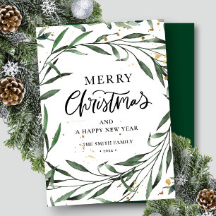 Elegant Green Pine Foliage Gold Confetti Greenery Holiday Card