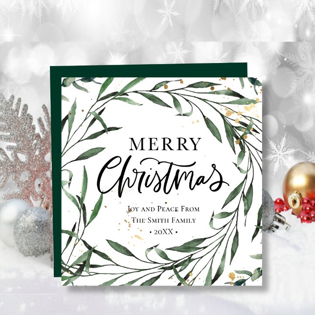 Elegant Green Pine Foliage Gold Confetti Greenery Holiday Card (Creator Uploaded)
