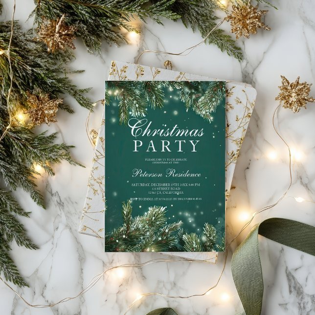 Elegant green pine snowy Holiday Christmas party Invitation (Elegant green pine snowy Holiday Christmas party Invitation)