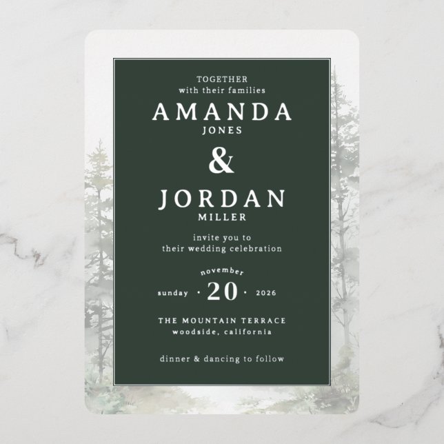 Elegant Green Pine Tree Wedding Invitation Foil Invitation (Front)