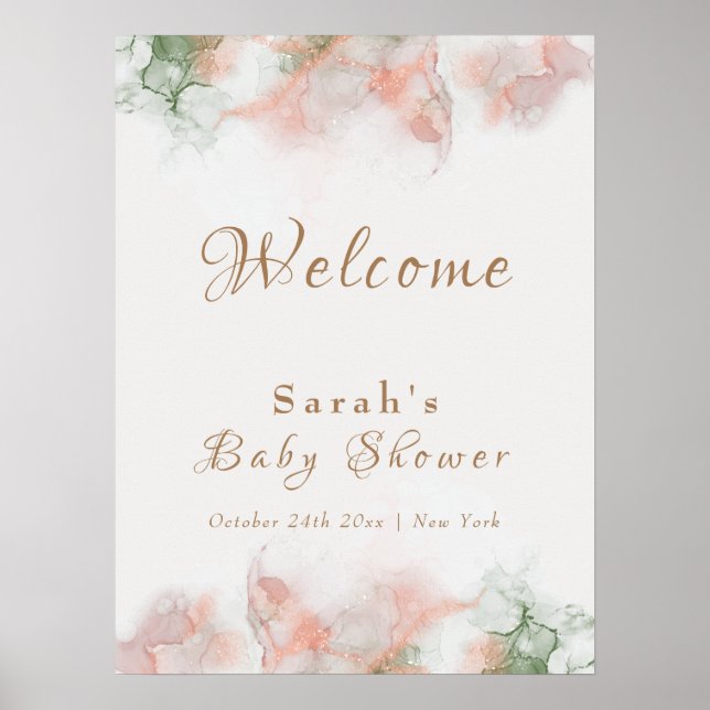 Elegant Green Pink Agate Baby Shower Welcome  Poster (Front)