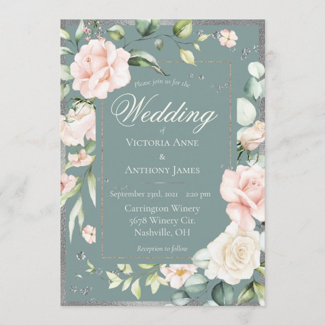 Elegant Green Pink Blush Watercolor Floral Wedding Invitation (Front)