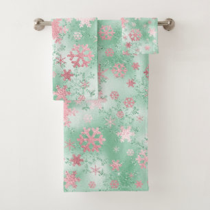 Elegant Green Pink Christmas Snowflake Pattern Bath Towel Set