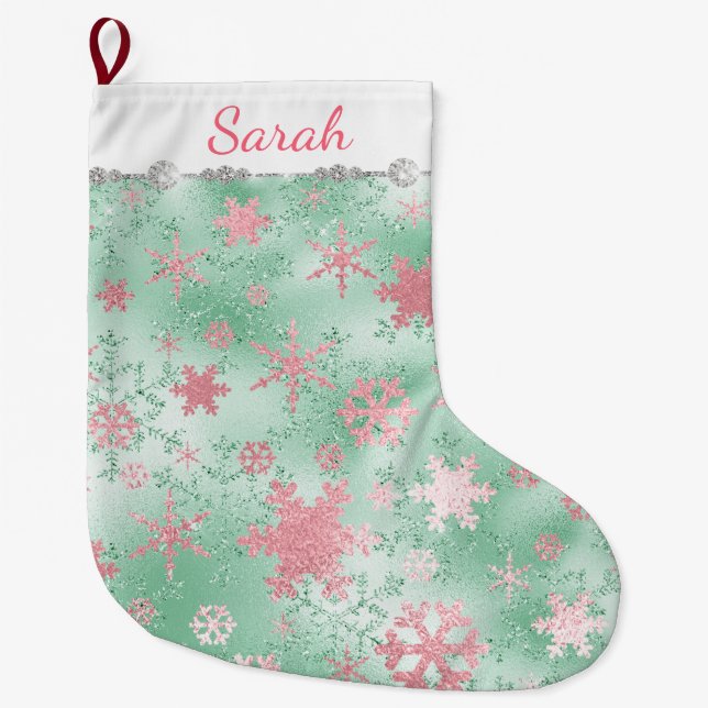 Elegant Green Pink Christmas Snowflake Pattern Large Christmas Stocking (Front)