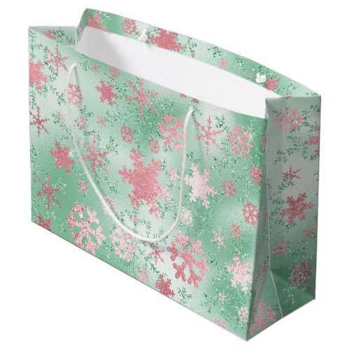 Elegant Green  Pink Christmas Snowflake Pattern Large Gift Bag