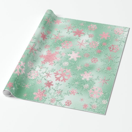 Elegant Green  Pink Christmas Snowflake Pattern Wrapping Paper