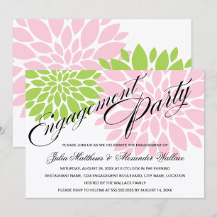 Elegant Green Pink Floral Burst Engagement Party Invitation
