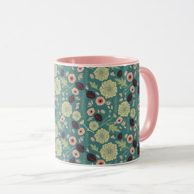 Elegant Green Pink Floral Pattern Mug (Front Right)