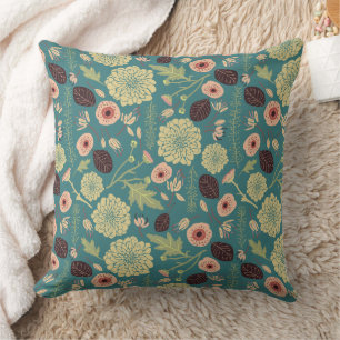 Elegant Green Pink Floral Pattern Throw Pillow