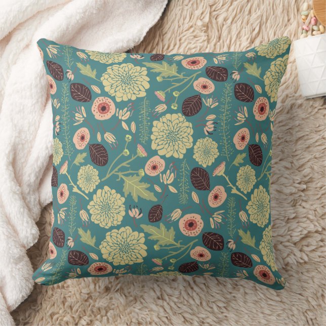 Elegant Green Pink Floral Pattern Throw Pillow (Blanket)