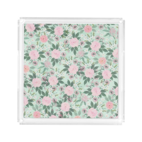 Elegant Green Pink Floral Watercolor Painting Acrylic Tray