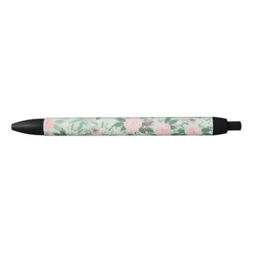 Elegant Green Pink Floral Watercolor Painting Black Ink Pen