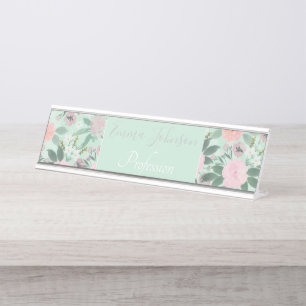 Elegant Green Pink Floral Watercolor Painting Desk Name Plate
