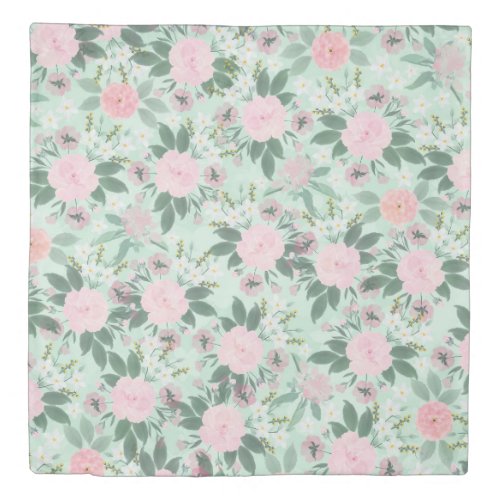 Elegant Green Pink Floral Watercolor Painting Duvet Cover