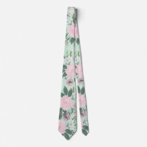 Elegant Green Pink Floral Watercolor Painting Neck Tie