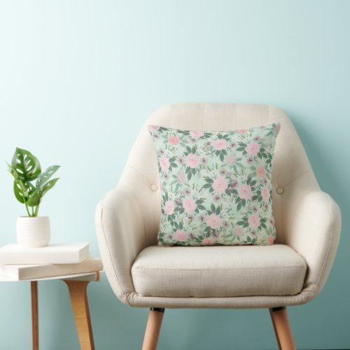 Elegant Green Pink Floral Watercolor Painting Throw Pillow
