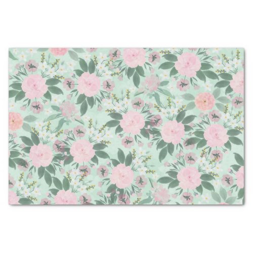 Elegant Green Pink Floral Watercolor Painting Tissue Paper