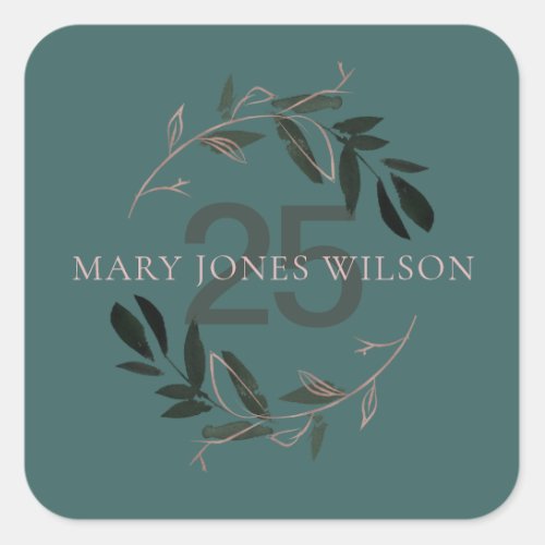 ELEGANT GREEN PINK FOLIAGE WREATH ANY AGE BIRTHDAY SQUARE STICKER