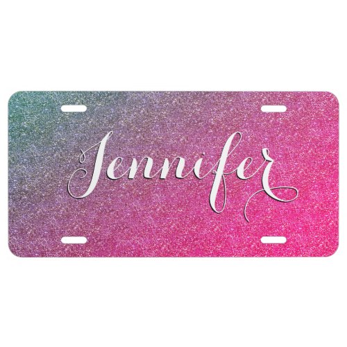 Elegant Green  Pink Glitter DIY Script Name License Plate