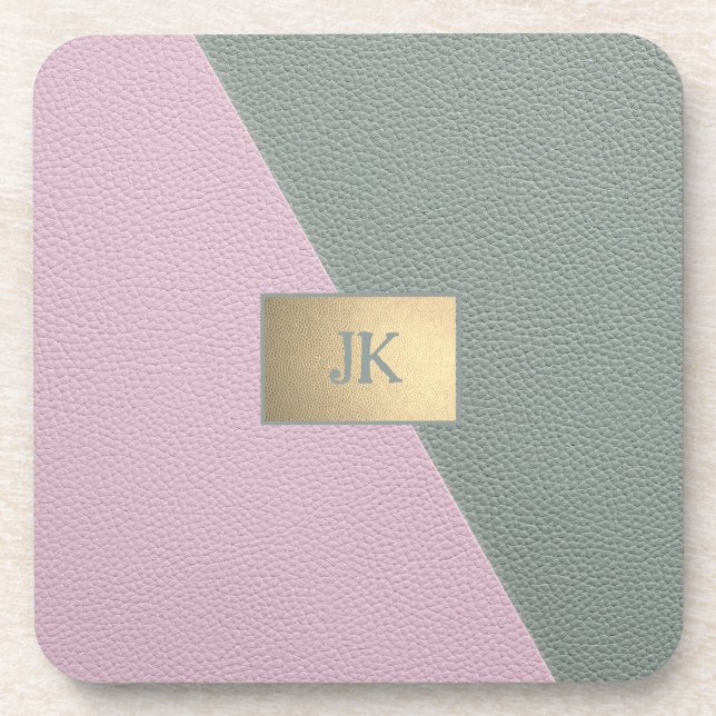 Elegant Green Pink Leather Monogram   Beverage Coaster (Front)