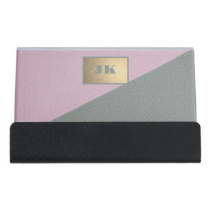 Elegant Green Pink Leather,Monogram Desk Business Card Holder