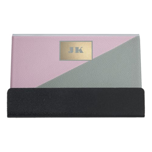 Elegant Green Pink LeatherMonogram    Desk Business Card Holder