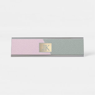 Elegant Green Pink Leather Monogram Desk Name Plate