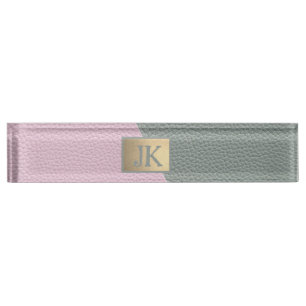 Elegant Green Pink Leather Monogram Desk Name Plate
