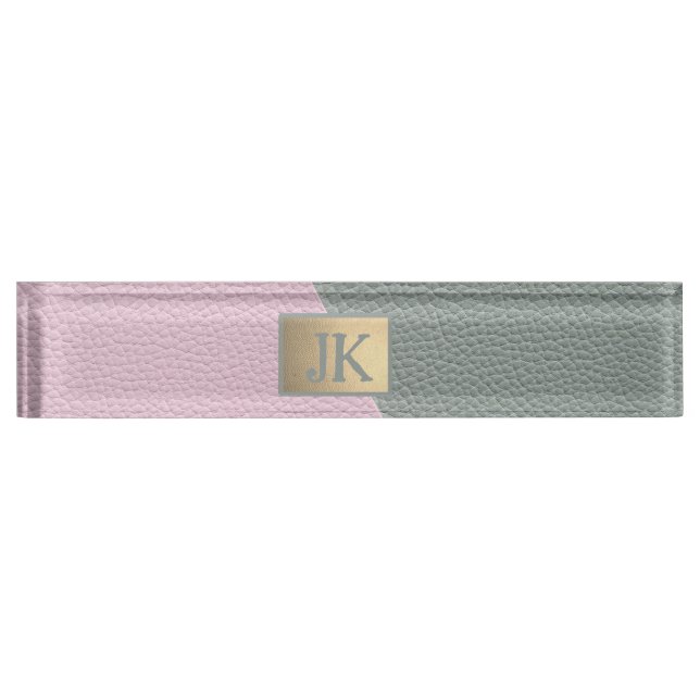 Elegant Green Pink Leather Monogram   Desk Name Plate (Front)