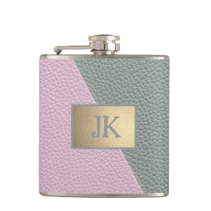 Elegant Green Pink Leather Monogram Flask