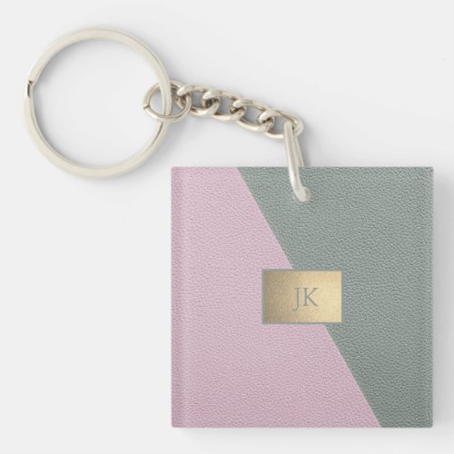 Elegant Green Pink LeatherMonogram Keychain